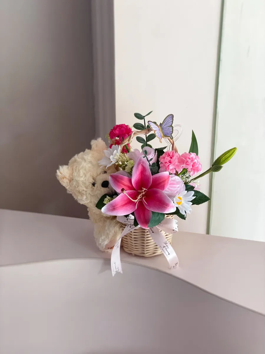 Teddy Lily Basket | ARTIFICIAL FLOWER