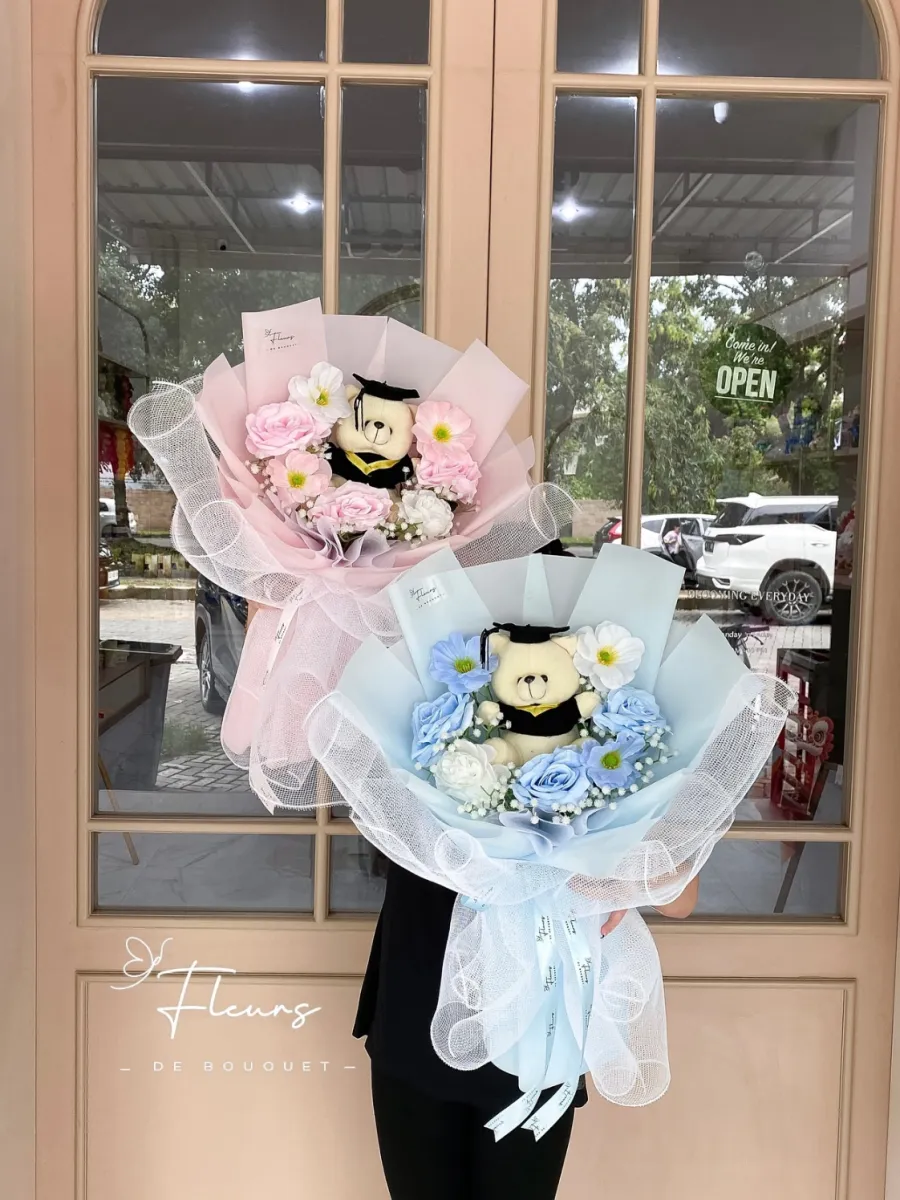 Teddy Bouquet + Korean Net (L) | ARTIFICIAL FLOWER